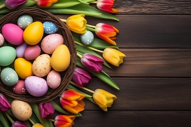 Z góry widok kolorowych jajek wielkanocnych z tulipanami i ramką