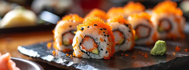 Z góry widok naczynia z rolkami sushi, pyszne, apetyczne sushi