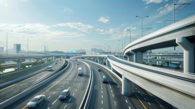 Zdjęcie z góry widok nowoczesnego transportu z autostradą expressway road i wielopoziomowym skrzyżowaniem roundabout