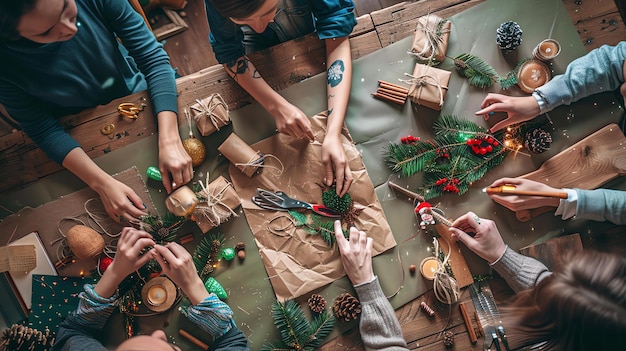 Zdjęcie z góry widok przyjaciół, którzy robią świąteczne dekoracje i pakują prezenty na drewnianym stole
