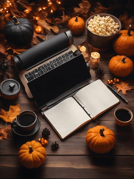 Zdjęcie z góry widok pusty notebook na drewnianym stole z laptopem popcorn dekoracja halloween oświetlenie dyni