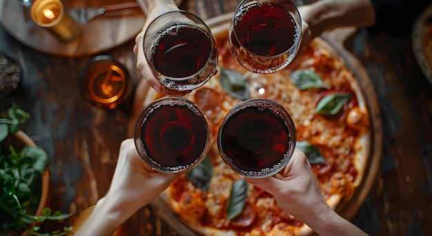 Z góry widok rąk podnoszących toasty z czerwonym winem i pizzą na tle wysokiej jakości