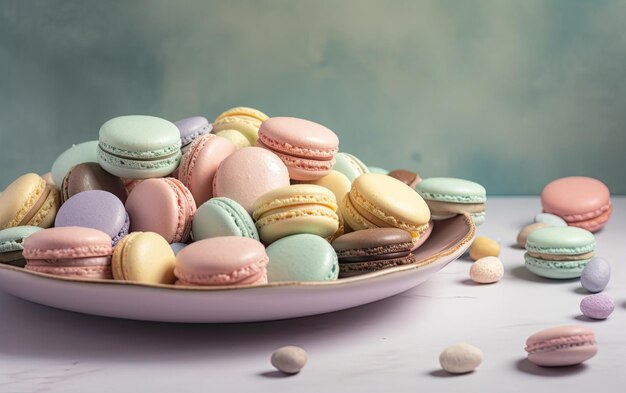 Zdjęcie z góry widok słodyczy i makaronów na pastelowym tle słodki deser piekarnia żywności ai generowane
