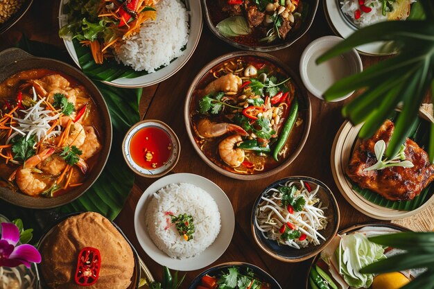 Z góry widok świeżego i pysznego wietnamskiego jedzenia na stole