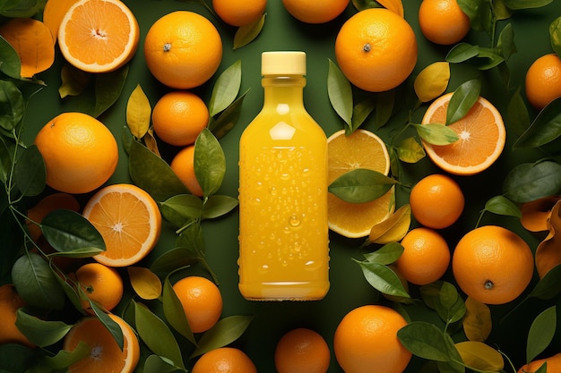 Zdjęcie z góry widok świeżego soku pomarańczowego w szklance podawanego z miętą i lime pomarańczowej na drewnianym stole