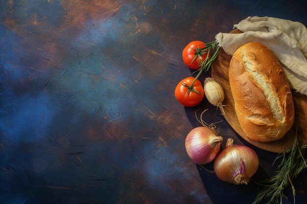 Z góry widok świeżych warzyw, takich jak pieprzowa cebula z marchewką z chlebem na biurku