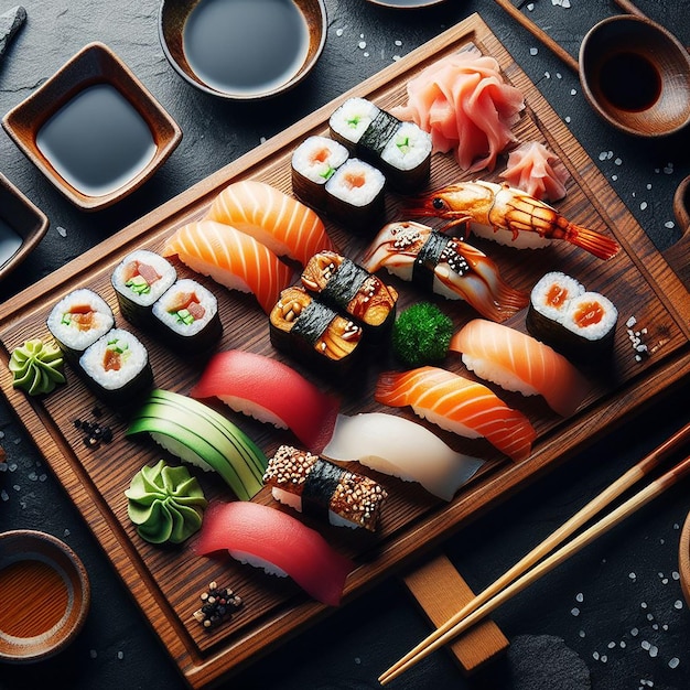 Zdjęcie z góry widok talerza sushi z świeżym wasabi i sosem sojowym