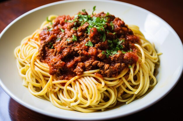 Z góry widok talerza włoskich spaghetti z kiełbaską i sosem pomidorowym z resztkami makaronu i sosu