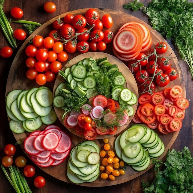 Z góry widok talerza z warzywami z kawałkami soczystego pomidora i ogórka