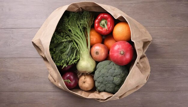 Z góry widok warzyw i owoców w torbie