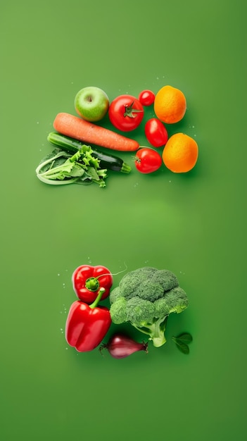 Z góry widok zdrowych warzyw i owoców na zielonej powierzchni Koncepcja odżywiania