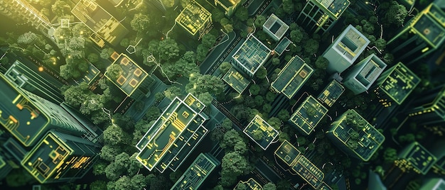 Z góry widok zielonego elektronicznego modelu ekologicznego miasta z budynkami i drogami na tle technologicznym Generatywna sztuczna inteligencja