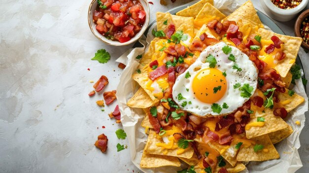 Z góry zdjęcie Breakfast Nachos z smażonym jajem na białym tle