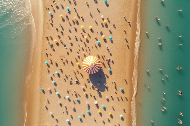 Z góry zdjęcie z powietrza parasoli plażowych i ludzi pływających w morzu ludzi w gorący słoneczny dzień