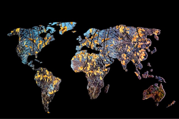 Z grubsza zarysowana mapa świata z wypełnieniem z suchych jesiennych liści