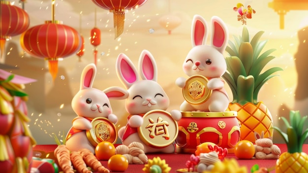 Z królikami z marchewką i monetą, które świętują chiński Nowy Rok wokół pełnego skrzynki ze skarbami i olbrzymiego ananasa.