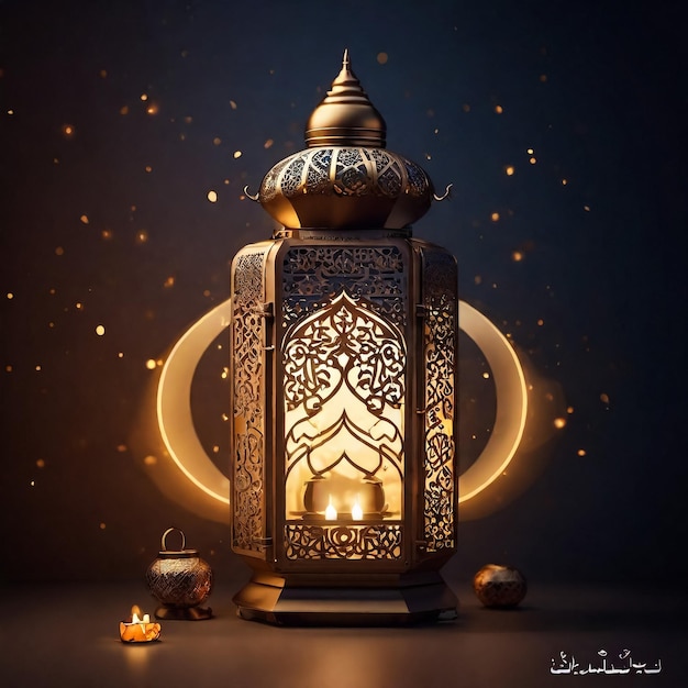 Z latarnią, półksiężycem i napisem z słowem przesłanie Ramadanu ta kartka powitalna Ramadanu 2024 przedstawia islamską arabską kaligrafię w stylu kreskówki i zdjęcie islamskiego miesiąca Ram