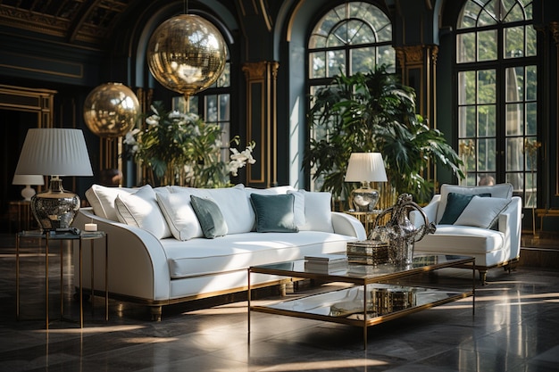 Z mosiężnymi elementami dekoracyjnymi jest biała sofa z tkaniny Wewnętrzny projekt przytulnego salonu