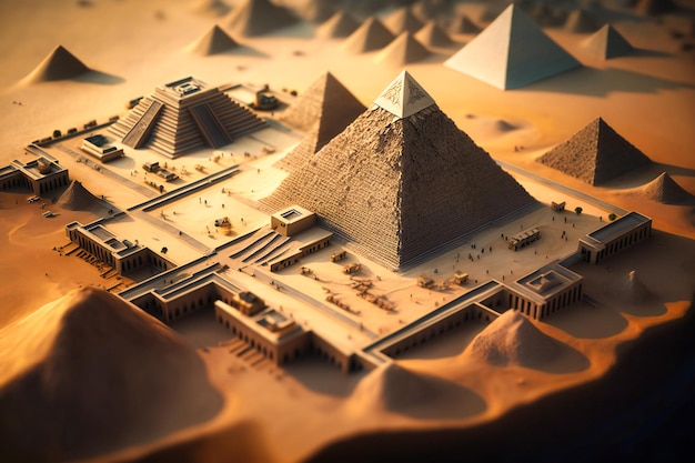Zdjęcie z perspektywy góry podziwiaj kultowy kompleks piramid w gizie z imponującymi piramidami i rozległym pustynnym krajobrazem
