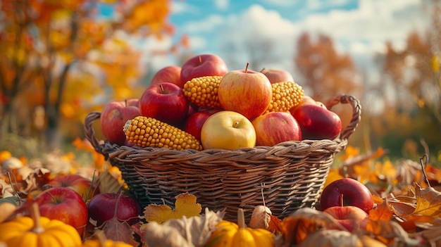 Z polem drzew i tła nieba koszyk z dyniami, jabłkami i kukurydzą spoczywa na stole zbiorowym z obrusem zbiorowym