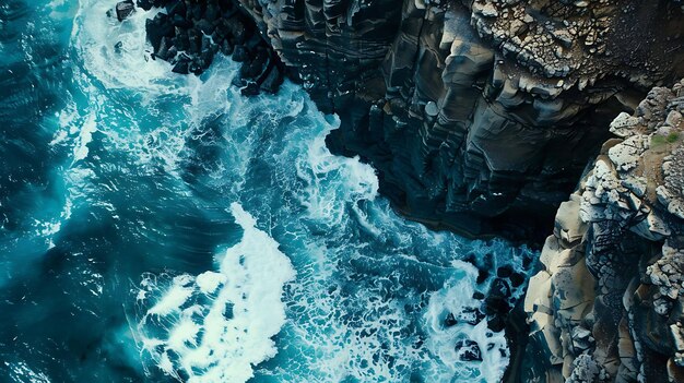Zdjęcie z powietrza widok nierównej linii brzegowej z falami uderzającymi w skały woda ma głęboki niebieski kolor, a skały są ciemno szare