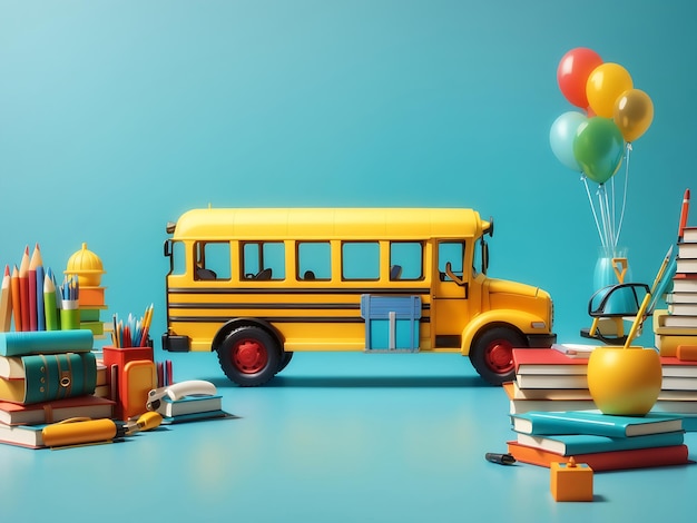 Z powrotem do szkoły baner zabawny autobus szkolny z książkami i akcesoriami na turkusowo-niebieskim tle AI