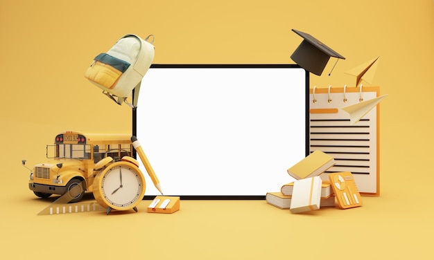 Zdjęcie z powrotem do szkoły online uczenie się elearning z materiałami i sprzętem szkolnym ekran komputera przenośnego z papierowymi akcesoriami rakietowymi i podręcznikami na żółtym tle w stylu kreskówek 3d rendering