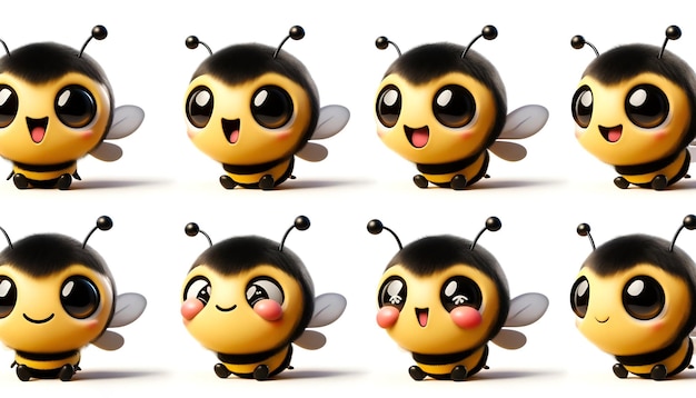 z przesadzonymi uroczymi cechami pszczół wyświetlanymi w czterech różnych kątach i wyrażeniach przeciwko sta
