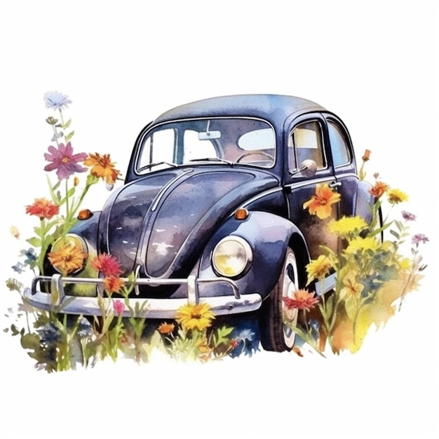 Zdjęcie z przodu stoi niebieski samochód z kwiatami. generatywna ai
