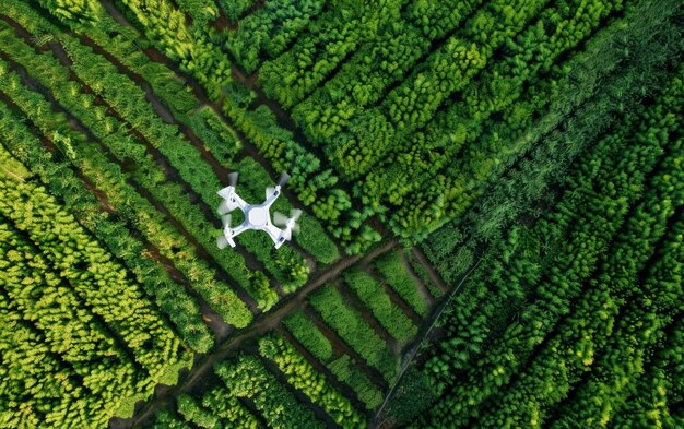 Z punktu widzenia ptaków dron latający nad uprawionymi polami pokazuje skrzyżowanie nowoczesnej technologii z tradycyjnym rolnictwem Żywe zielone odcienie mówią o płodności gruntów rolnych