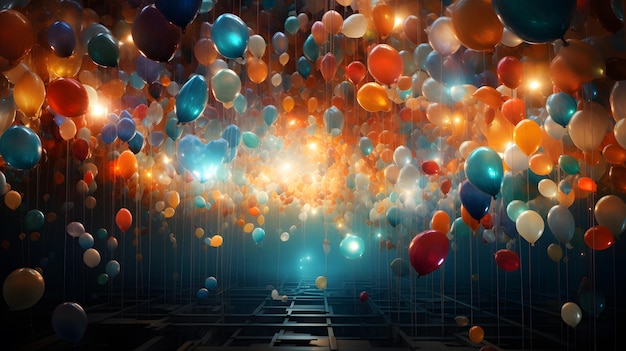 Z sufitu wiszą porządne rzędy kolorowych balonów z światłami malowanymi w abstrakcyjnym ekspresjonizmie