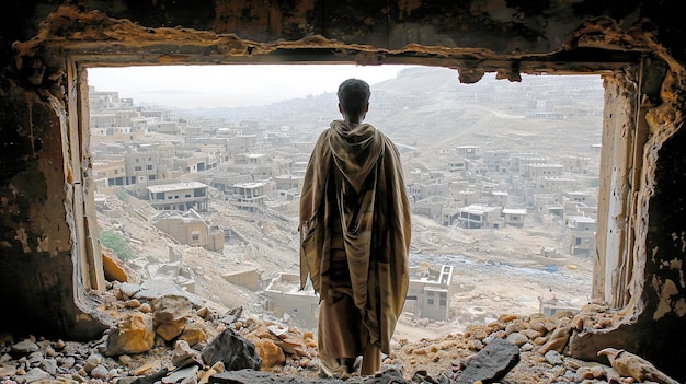 Z tyłu arabskiego człowieka w zrujnowanym mieście Hajjah Jemen