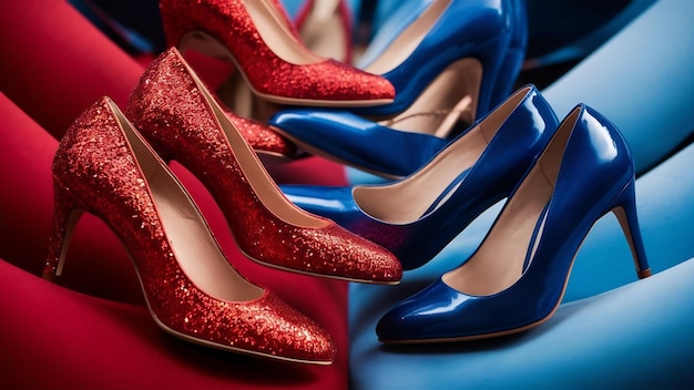 Z tyłu czerwone i niebieskie buty