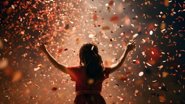 Z tyłu dziewczyna z podniesionymi rękami i spadającymi kolorowymi konfetami Nowy Rok zabawa i uroczystości