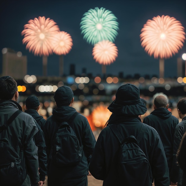 Z tyłu grupa ludzi oglądających fajerwerki na festiwalu