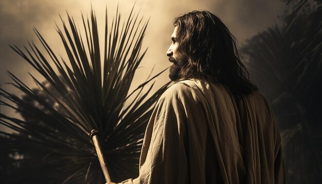 Zdjęcie z tyłu jezusa trzymającego laskę