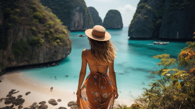 Z tyłu piękna kobieta na plaży w zatoce Ha Long w Wietnamie