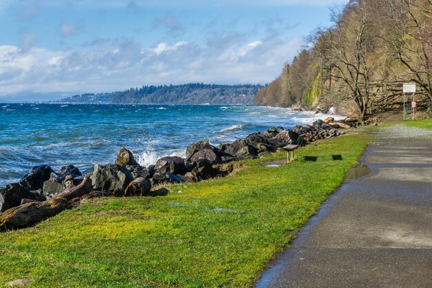 Zdjęcie z tyłu skały na brzegu w wietrzny dzień w saltwater state park w stanie waszyngton