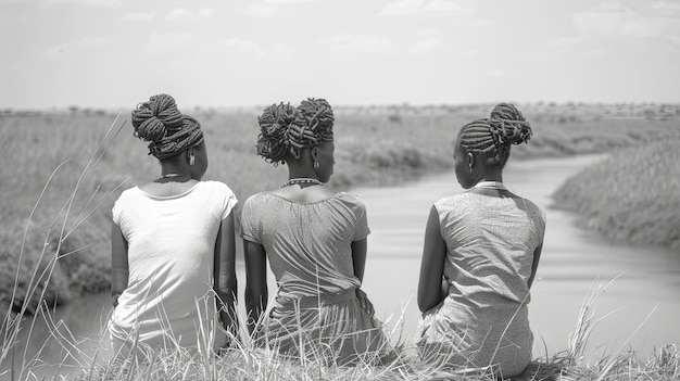 Z tyłu trzy afrykańskie kobiety patrzące na rzekę czarno-białe