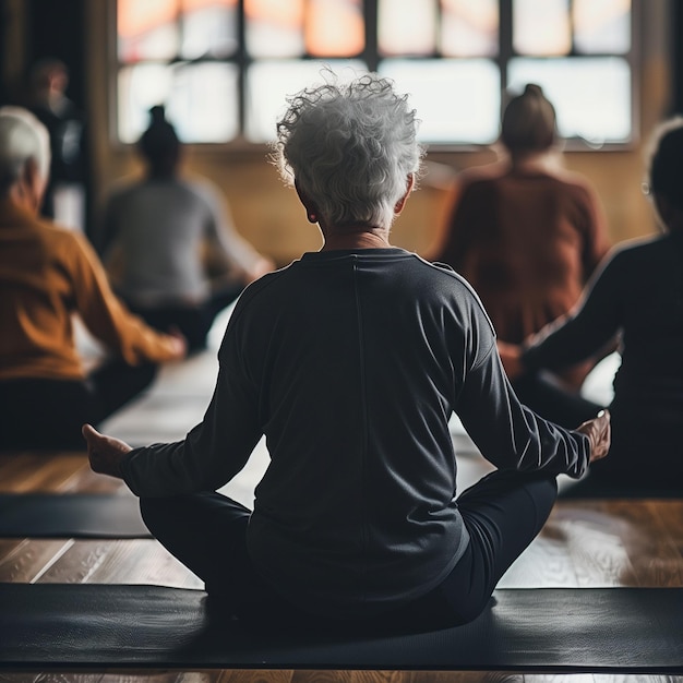 Zdjęcie z tyłu widok aktywna starsza biała kobieta robiąca zajęcia z jogi w siłowni sport zdrowie siłownia wellness