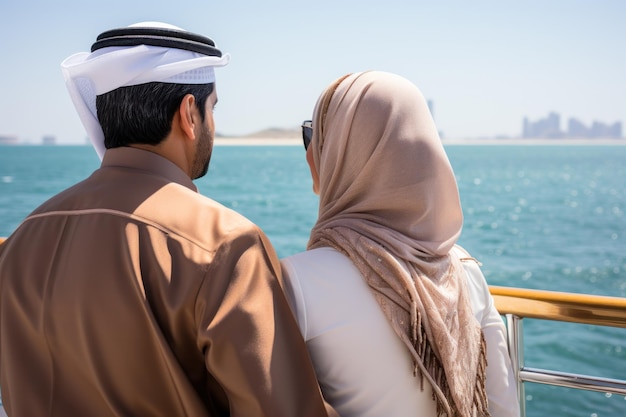 Z tyłu widok arabskiej pary cieszącej się wycieczką nad morzem na jachcie generatywny ai