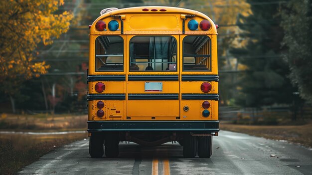 Z tyłu widok autobusu szkolnego na jesieńskiej drodze