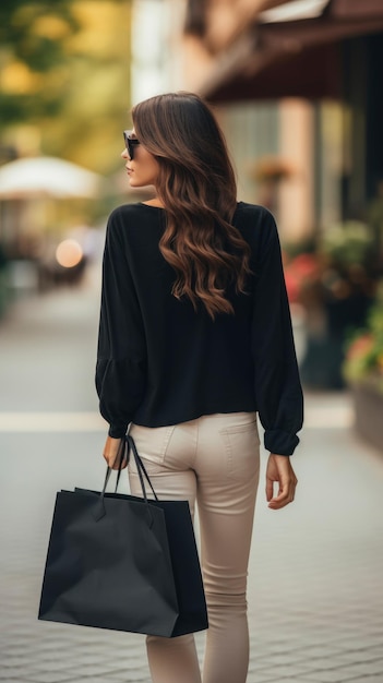 Z tyłu widok brunetki trzymającej torebkę na zakupy z niewyraźnym bokehem na zewnątrz