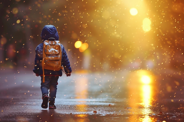Z tyłu widok chłopca z plecakiem idącego po deszczowej ulicy z wygenerowaną przez sztuczną inteligencję