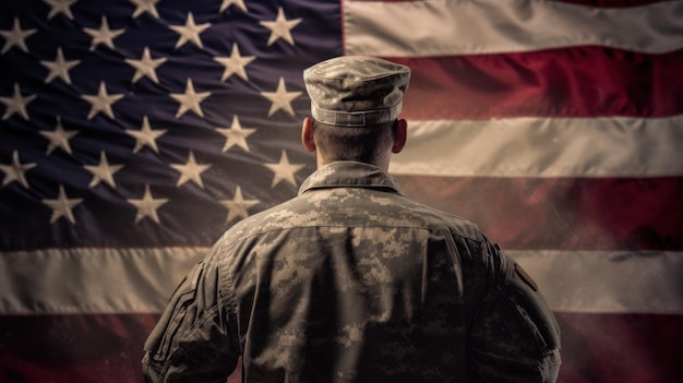 Z tyłu widok fikcyjnego żołnierza z amerykańską flagą na tle