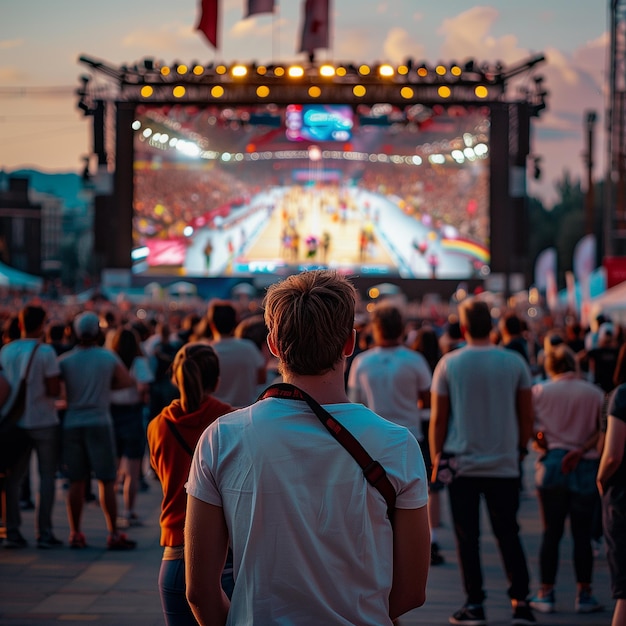 Z tyłu widok grupy ludzi oglądających letnie Igrzyska Olimpijskie przed dużym ekranem na świeżym powietrzu