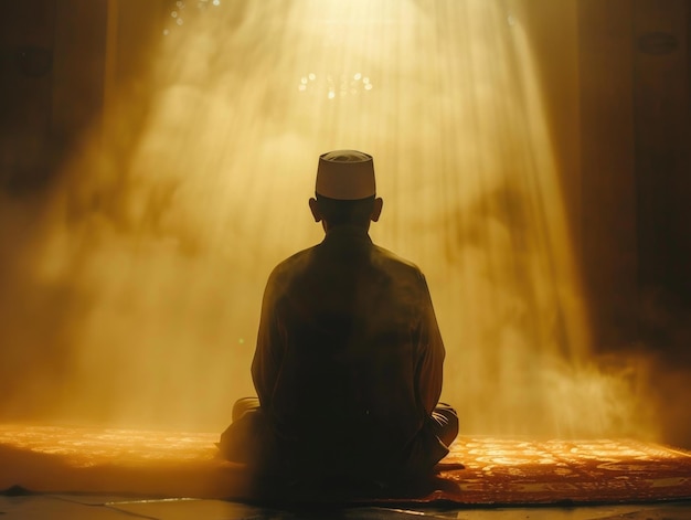 Z tyłu widok indonezyjskiego muzułmana medytującego w meczecie