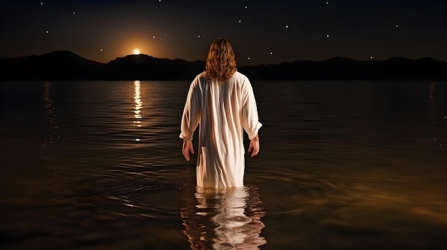Z tyłu widok Jezusa Chrystusa chodzącego po wodzie w fantastyczną noc