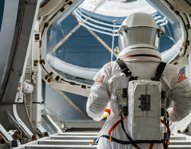 Zdjęcie z tyłu widok kobiety astronautki na stacji kosmicznej prowadzącej eksperymenty w wyjątkowym środowisku...