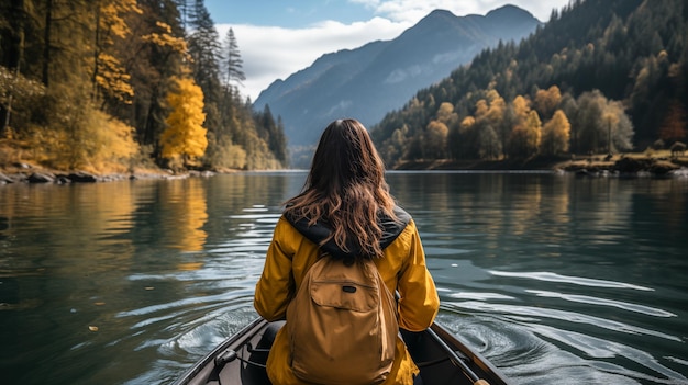 Zdjęcie z tyłu widok kobiety na łodzi podziwiającej krajobraz z śnieżnymi górami. ma na sobie żółtą kurtkę i plecak.
